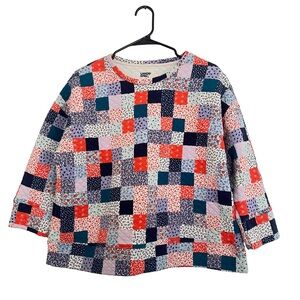 Land’s End Quilted Patchwork Granny Square Floral Top Cottagecore 3/4 Sleeve L